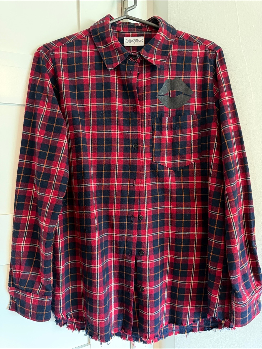 Lauren Moshi Red and Navy Plaid Button-Down Shirt with Lip Patch